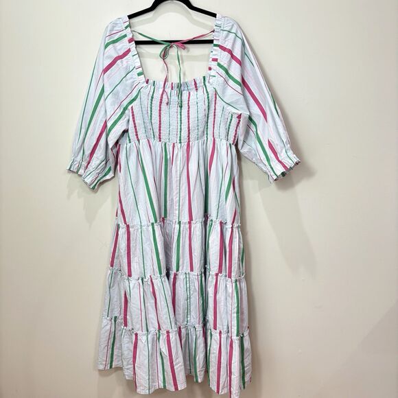 Crown & Ivy Striped Tiered Midi Dress 2X White Pink Smocked Cottage Peasant - Picture 7 of 11